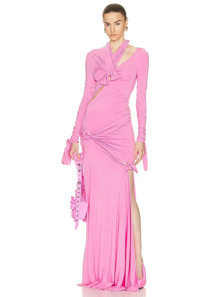 

Sexy Long Sleeve Asymmetric Hollow Out Long Dress Women Pink Knotted Cutout Slim Maxi Gown Elegant Party Club Evening Dresses