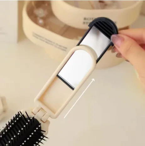 Cute Pink Bow Foldable Hair Brush With Mirror Mini Portable Travel Airbag Comb Pocket Size Anti-static Massage Hair Comb Girls Ladies Daily Hair Styling Tool view 2