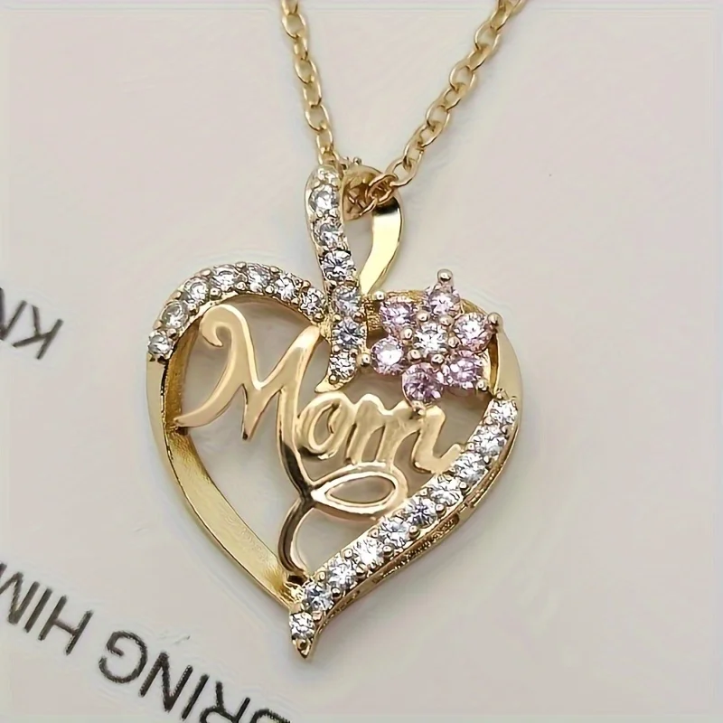 1pc Sparkling Rhinestone Decor Flower MOM Heart Pendant Necklace, Mother's Day Gift Birthday Gift Anniversary Party Gifts,