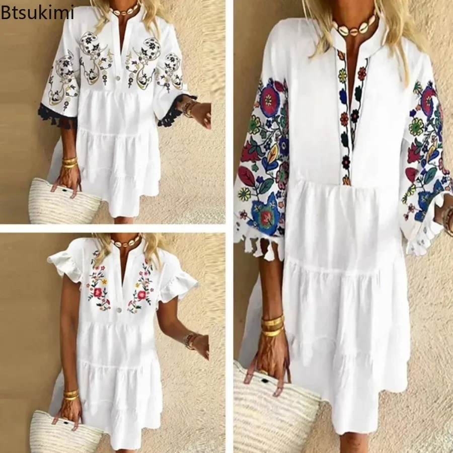 

2025 Women's Summer Vintage Casual Mini Dress Fashion V-neck Printing Patchwork Loose Vacation Beach Dress Ladies Party Dresses