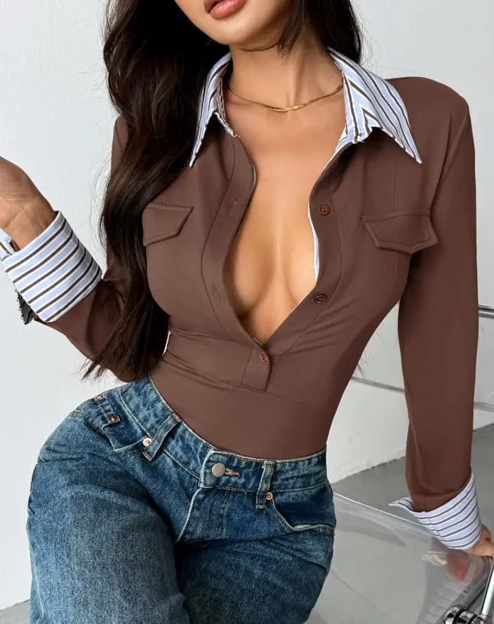 

Модный женский комбинезон, весенний новый предмет, полосатый воротник с цветными блоками, искусственный двухсекционный дизайн, облегающий комбинезон с длинными рукавами