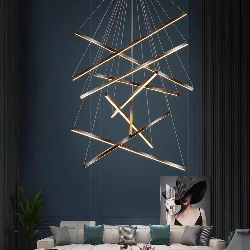 

Nordic Duplex Staircase High-rise Black and Gold Large Chandelier Super Bright Living Room Art Aesthetic Lines Sense LED Lights