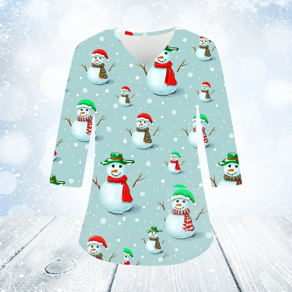 2025 Christmas Holiday Print Scrubs Medical Uniform, Cute Workwear Christmas Tops 3/4 Sleeved V Neck Pocket, Salon Beauty Spa Ho