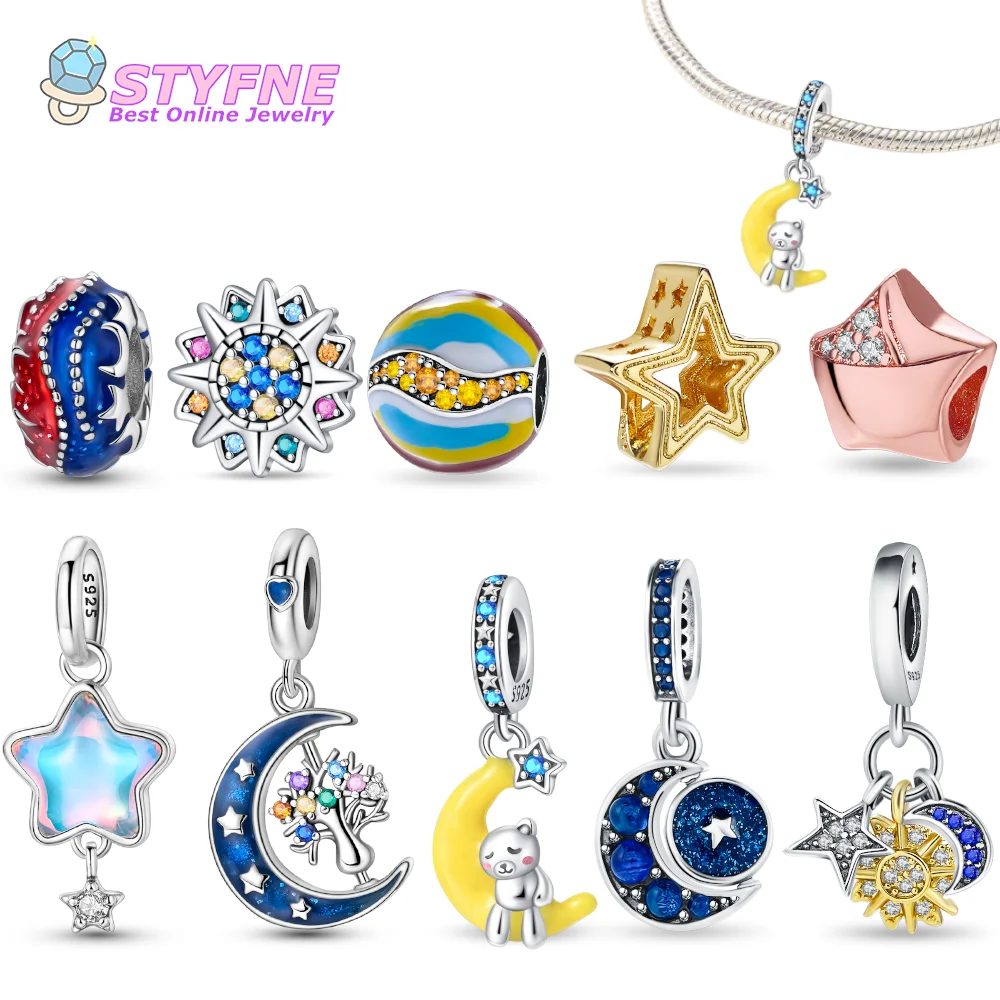 925 Sterling Silver Blue Starry Sky Positioning Beads Charms fit Bracelets and Necklaces Dangle Pendants Fine Official Website