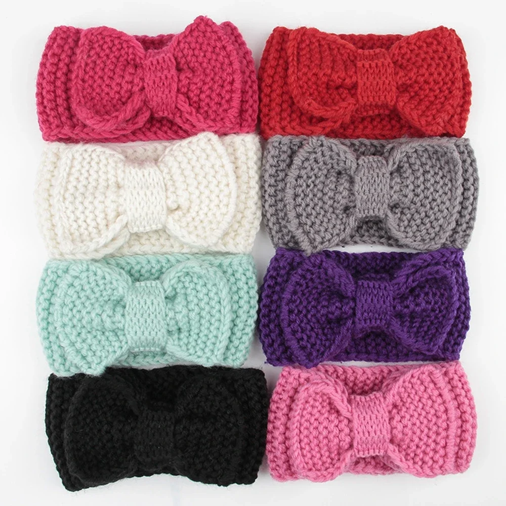 1PCS Crochet Baby Girls Turban Headband with Hair Bows Autumn Winter Ear Warm Bowknot Headwraps Newborn Toddler Kids Accessories