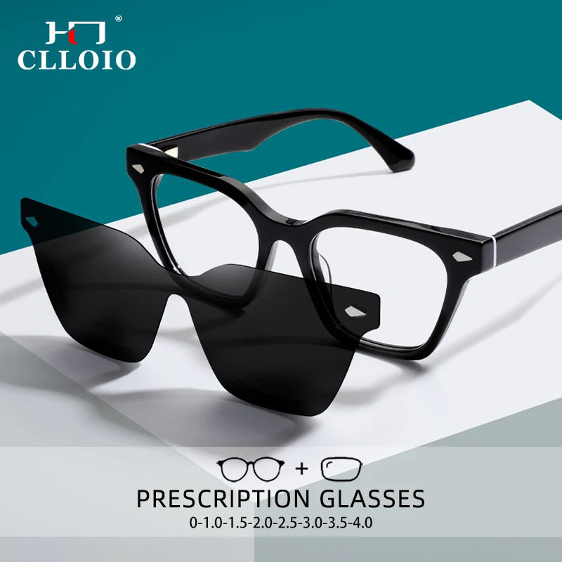 CLLOIO Acetate 2 In 1  Magnet Clip On Reading Glasses for Women Myopia Hyperopia Prescription Glasses with Polarized Sunglasses