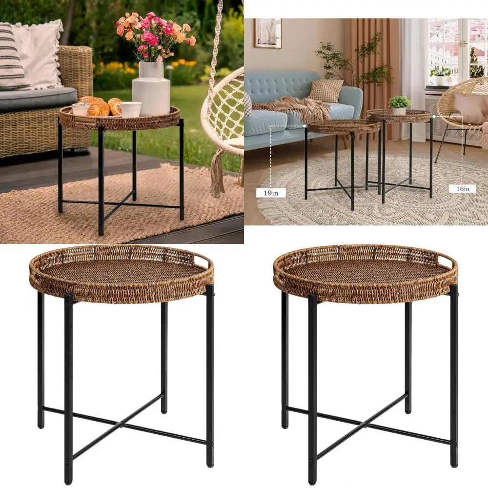 

Compact Round Wicker End Table, 19 Rattan Side Table, Suitable for Patio, Living Room, and Office