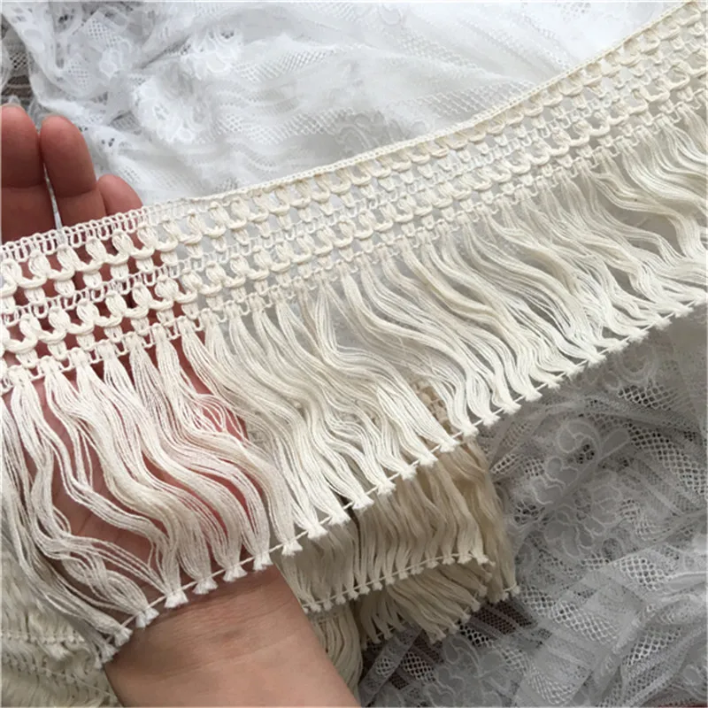 13.5CM Wide Beige Cotton Tassel Embroidered Fabric Lace Edge Trim Fringed Ribbon Dress Garment Curtains DIY Sewing Decor