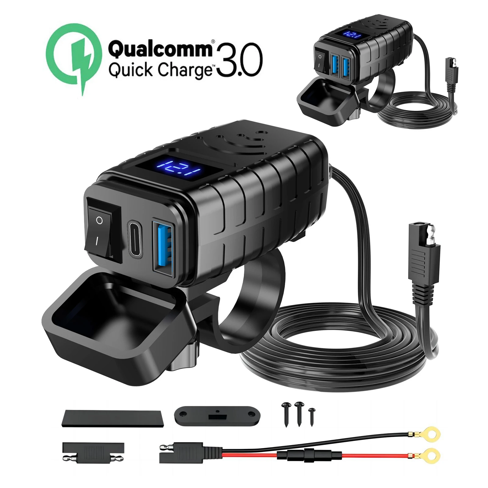 

12v Motorcycle Usb Voltmeter Charger Socket Waterproof Switch With Type C Port Power Cell Phone Plug Motobike Mobile Outlet