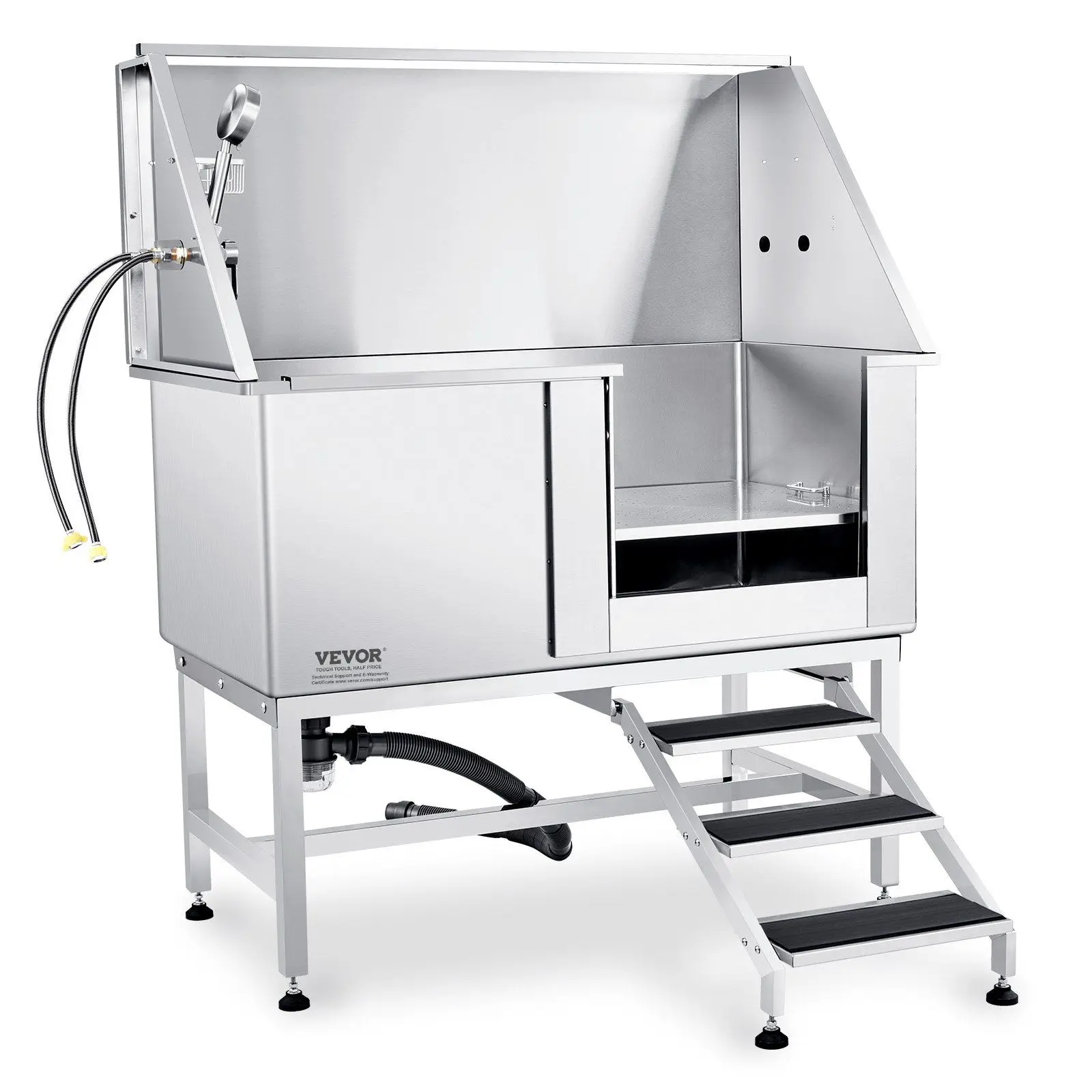 50 Inch Stainless Steel Dog Grooming Tub With Stairs Faucet Soap Box For Large Medium Pets Bathing Station