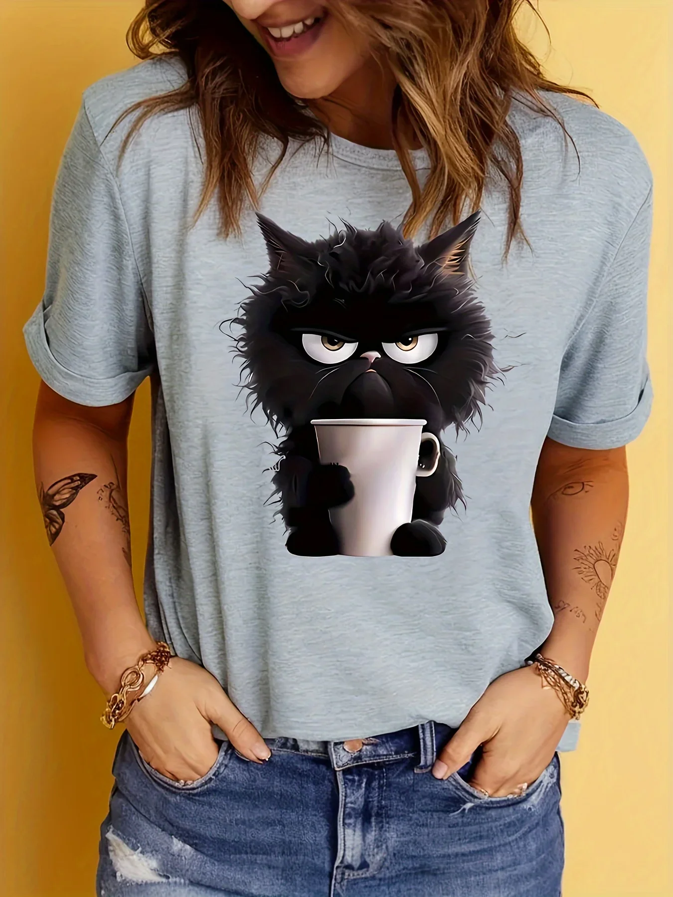 Cat Print Crew Neck T-Shirt Casual Short Sleeve Top Funny Cat Women Summer Short Sleeve O Neck Top Female Animal Clothing