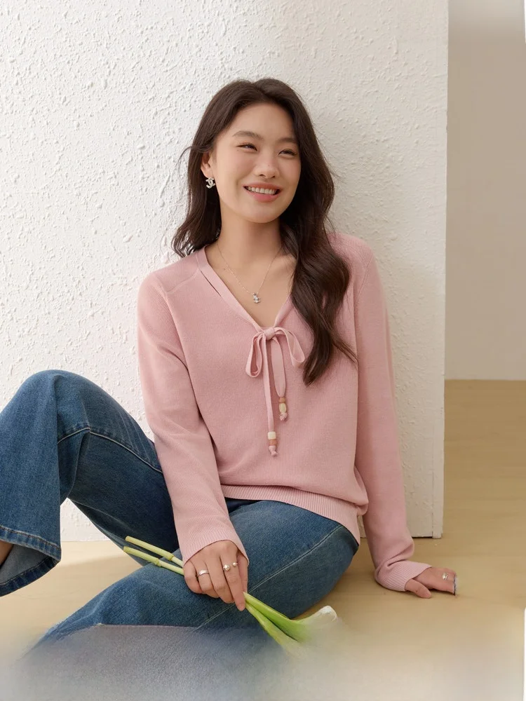 

Soft Comfortable Knitted Top Gentle Sle Bow Tie Women's plus Size Spring Faion New Arrival Ladies' Regular Sve Long V-...