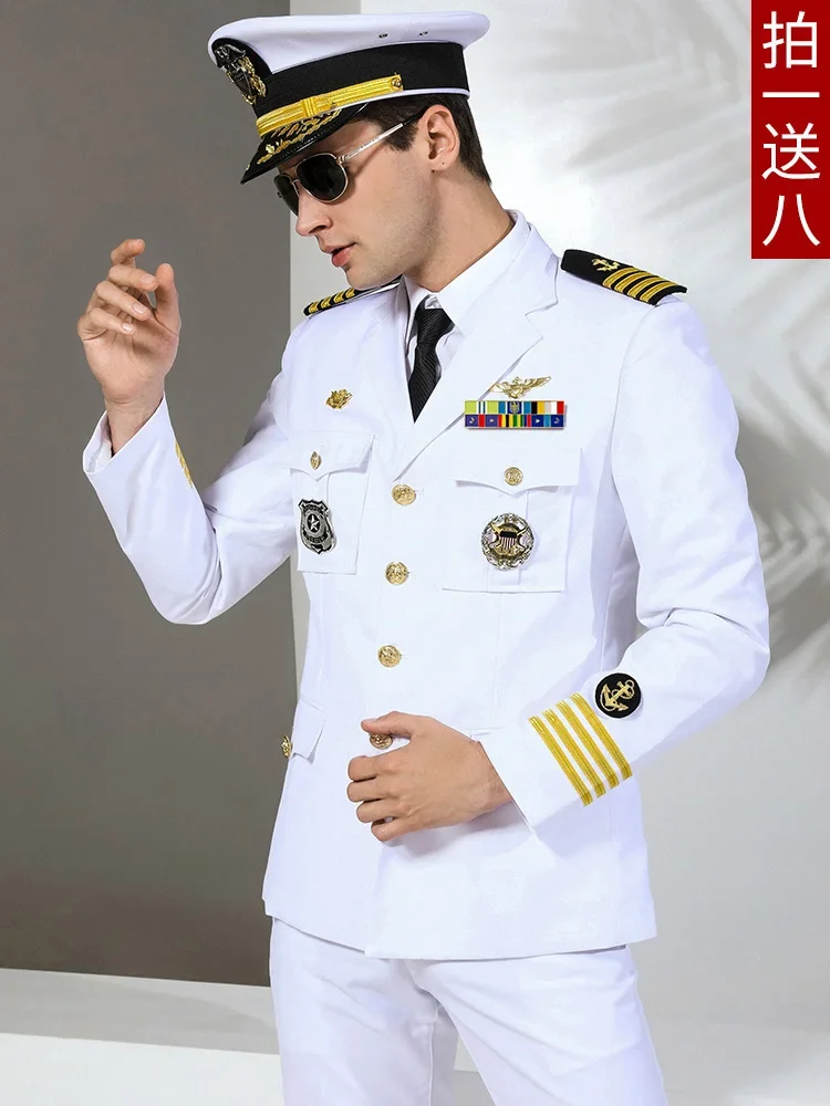 US Navy Military Uniform Yacht Captain Suit Dinner Costume Military Army Soldiers Clothes Militaries Jacket Pant Hat Set