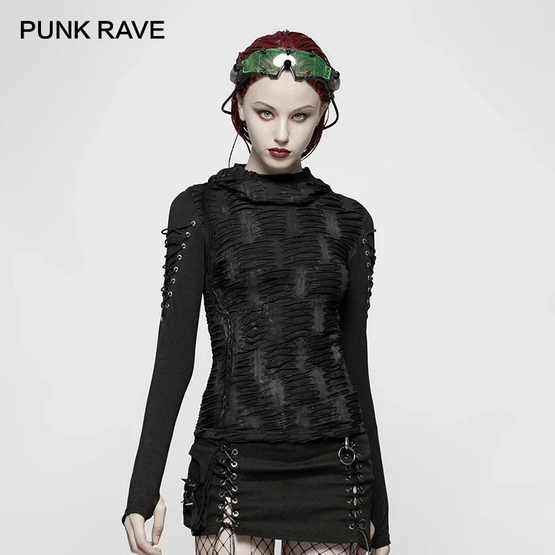 

PUNK RAVE New Gothic Style Rock Fashion Double Layers Irregular Hooded Casual Black Punk Novelty Long Sleeve Women Dark T-Shirt