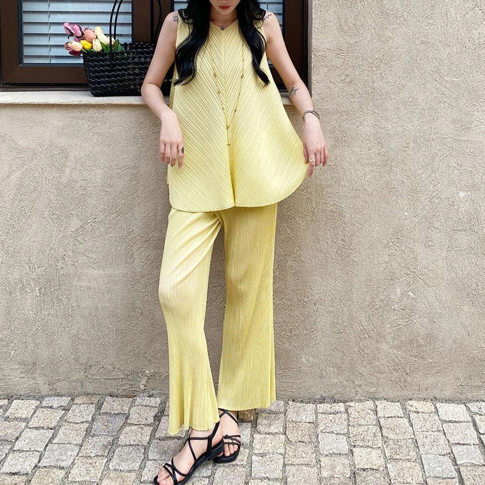 Pleated loose age-reducing doll shirt medium and long top + slim and thin straight pants two-piece set for women's summer