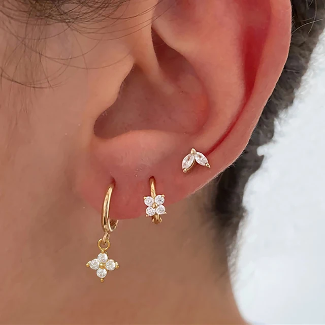 3 szt. Mini cyrkon ze stali nierdzewnej kolczyki koła do uszu zestaw dla kobiet Huggies kwiaty chrząstka Helix Piercing biżuteria oświadczenie prezent