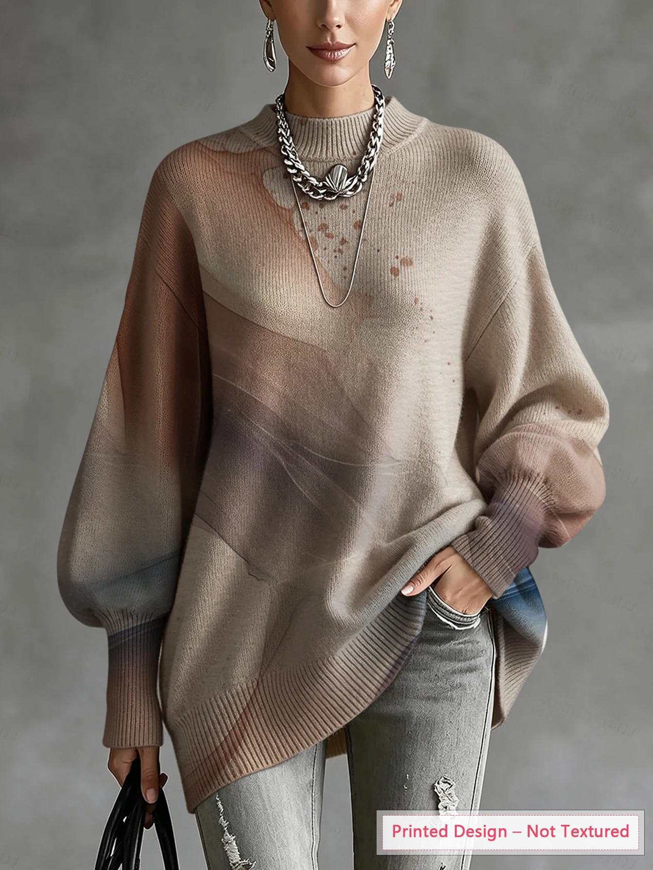 Women's Thin Sweater with Abstract Art Gradient Pattern Print, Diagonal Hem and Lantern Sleeve Design, Suitable for Autumn and Winter, Avant-Garde Style Outfit