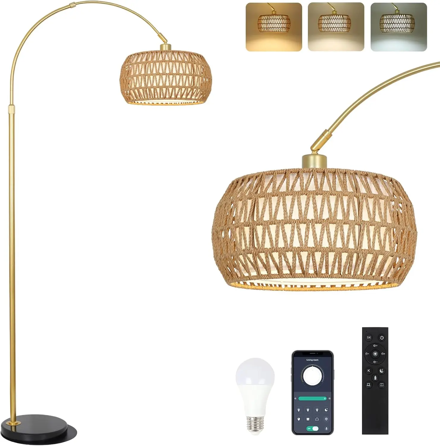 

Adjustable Arc Floor Lamp with Remote, Dimmable Bulb, Rattan Shade - 3 Color Temperatures for Living Room