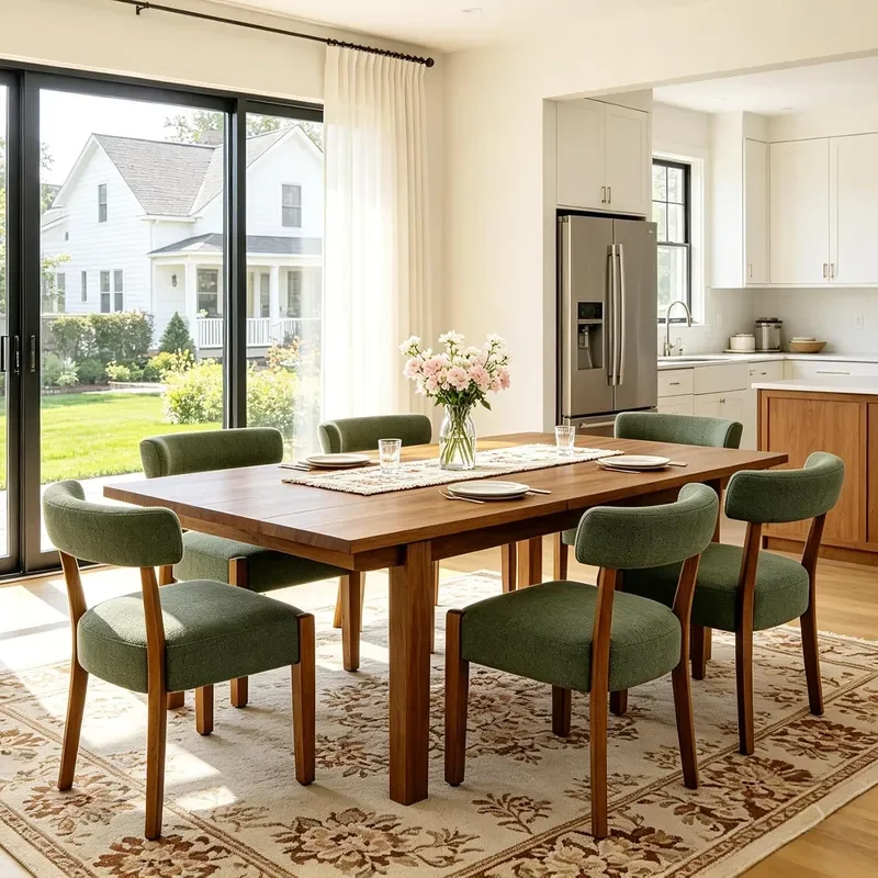 Upholstered Green Dining Chairs Set of 6 Walnut Wooden Kitchen Dining Room Chairs Mid Century Modern Fabric Farmhouse Dining