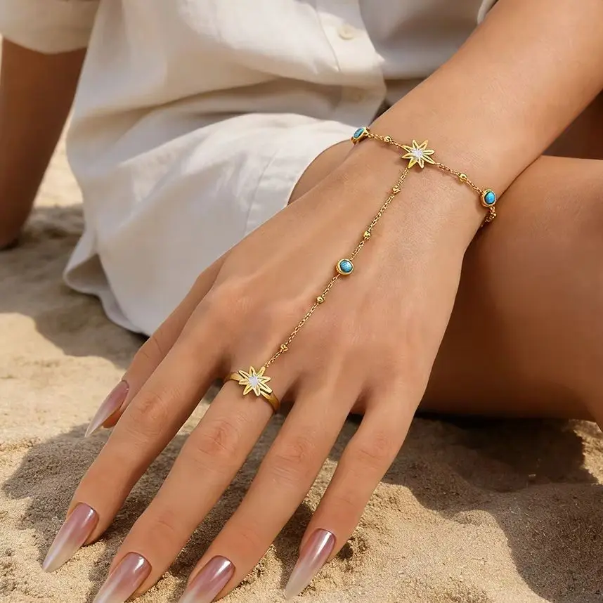 

Freetry Luxury Stars Geometric Zircon Stainless Steel Finger Bracelet for Women Golden Waterproof Bracelet Summer Jewelry Gift