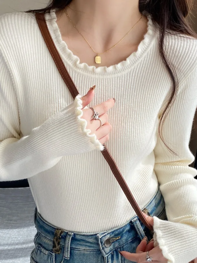 

Синий круглый вязаный топ Ne, женский базовый топ Wood ain, осенне-зимняя внутренняя одежда, элитный сенсационный маленький рукав