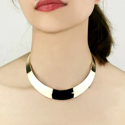 New Simple Shiny Metal Torques Choker Collar Necklaces For Women Statement Jewelry Gold Color Wide Chocker Geometric