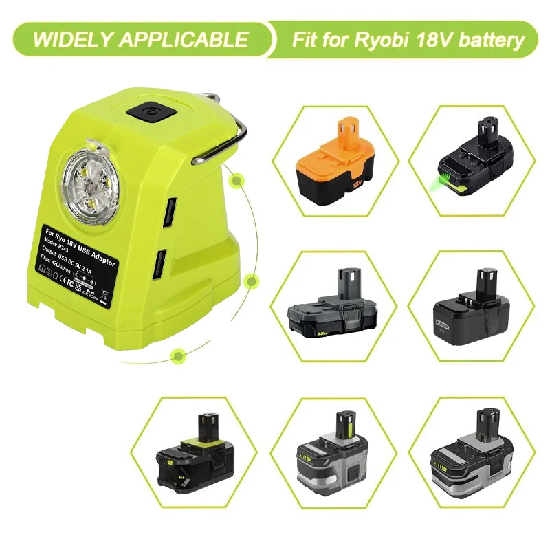 Двойной USB-адаптер для аккумулятора Ryobi 18 в P108 P109, портативный источник питания с 420 лм, фотовспышка для кемпинга на открытом воздухе