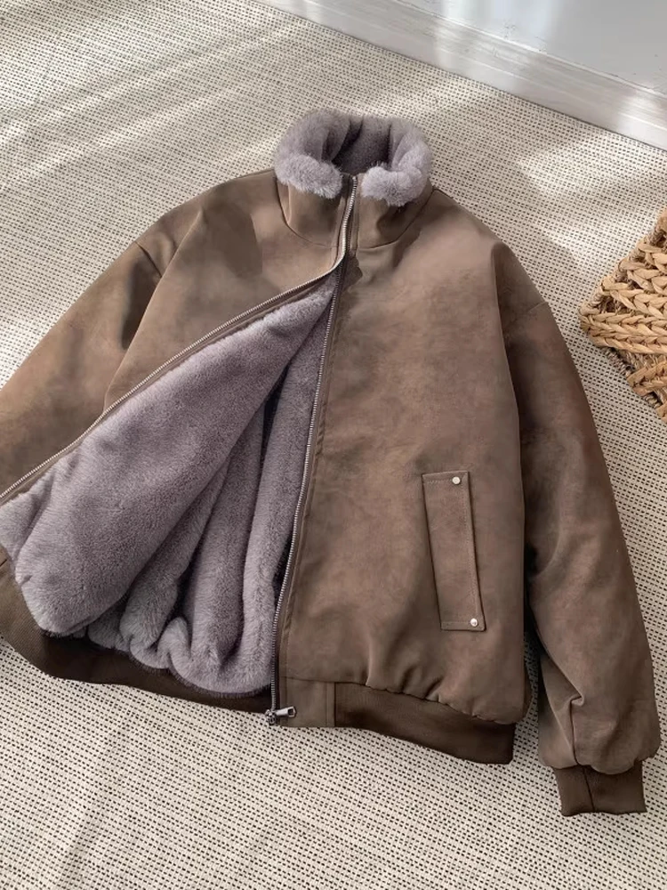 

Cleanfit Men's PU Leather Cotton Jaet Thiened Winter Coat Old Money Sle American Cotton Clothes Loose Fit Zipper Decora...