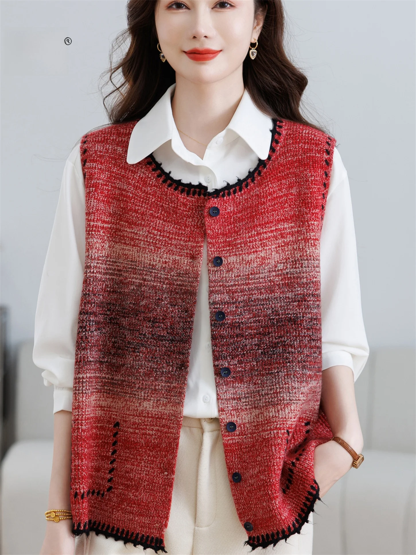 

Faionable adient вязаный жилет, свободный круглый жилет Ne Young Mom's, весна-осень, для женщин старше 40 лет