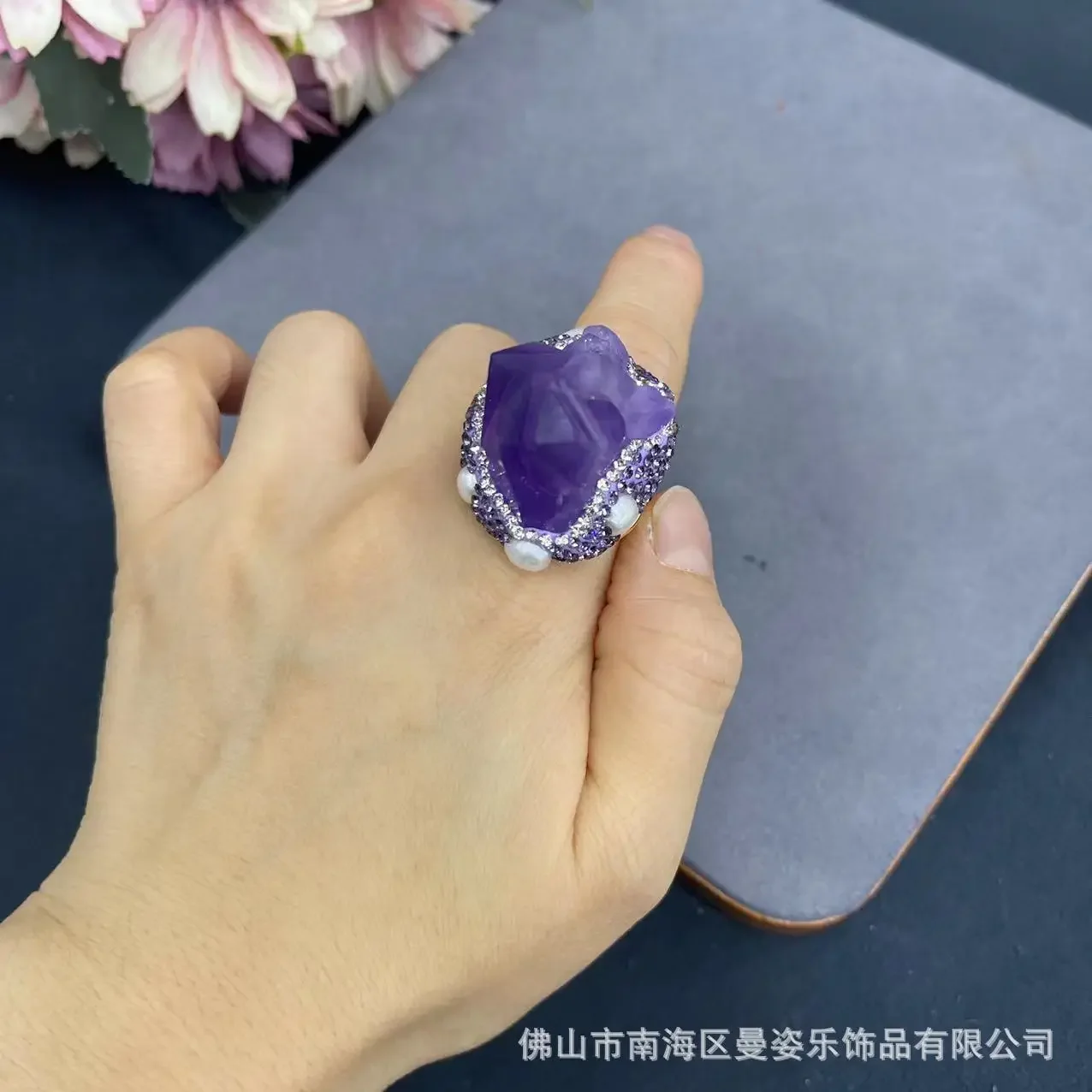 Natural Brazilian amethyst inlaid Baroque pearl ring export trade Supply Factory direct sales