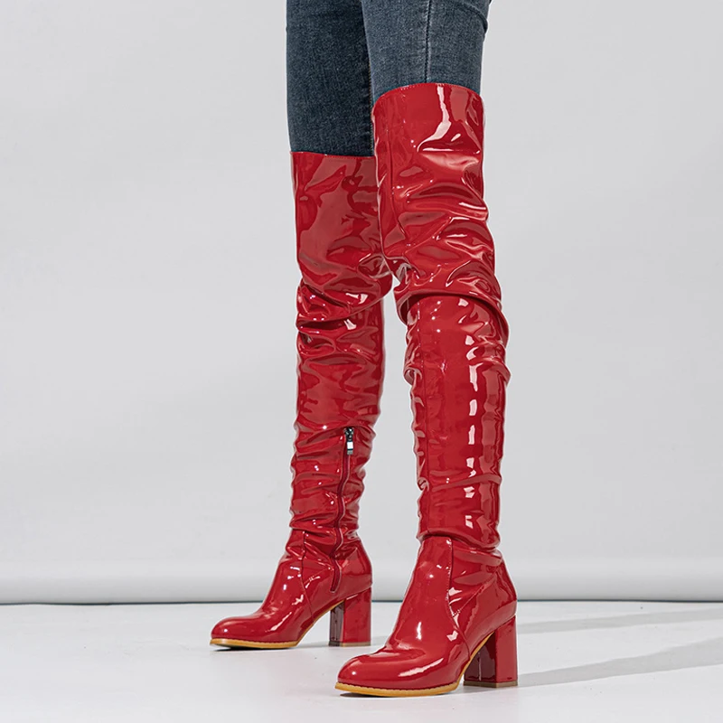 Liyke Fashion Round Toe Motorcycle Thigh High Boots Women Red Pleated Patent Leather Over The Knee Shoes Zip Autumn Winter Heels