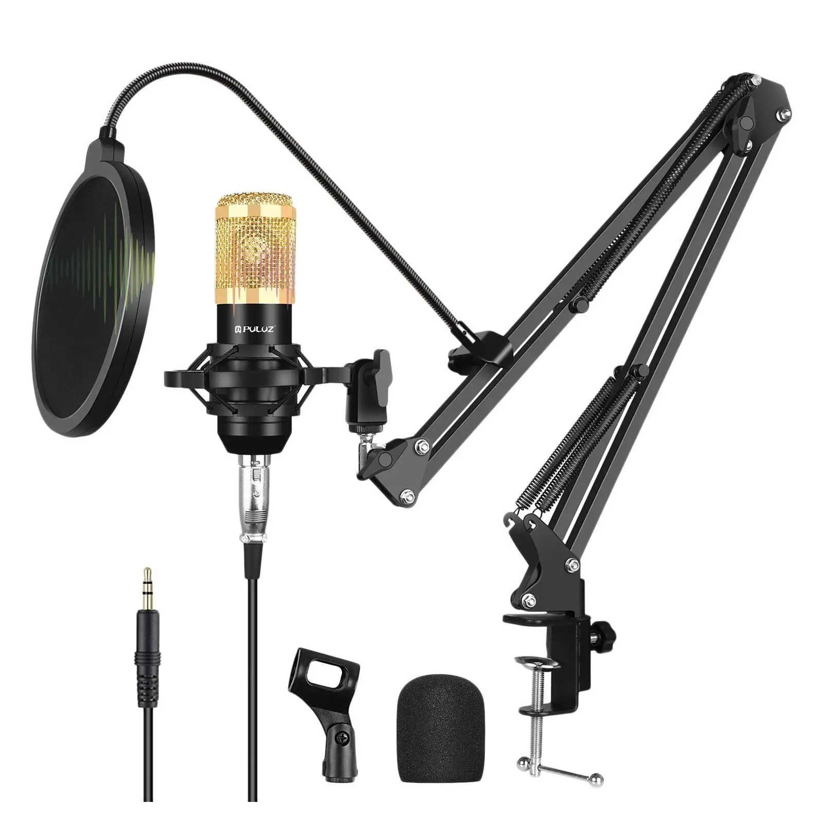 

Pro Studio Broadcasting Recording Condenser Mic Kit with Adjustable Mic Scissor Arm Stand with Black Shock Mount, Filter