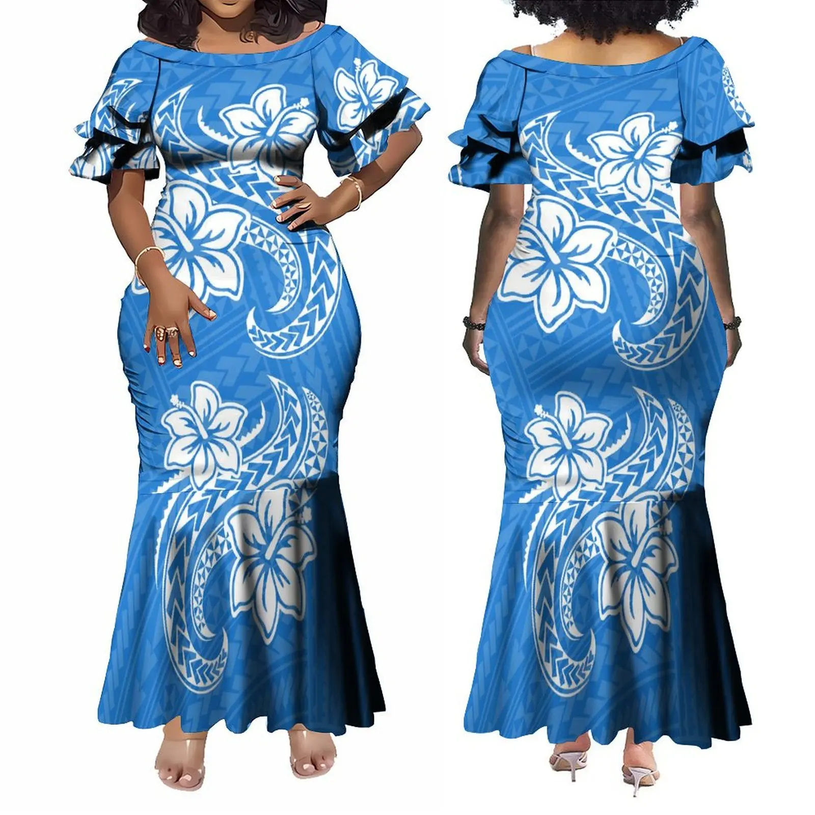 Vestido tribal branco samoano para mulheres, vestidos de sereia midi em camadas, presente do dia das mães, elegante vestido francês babado da senhora