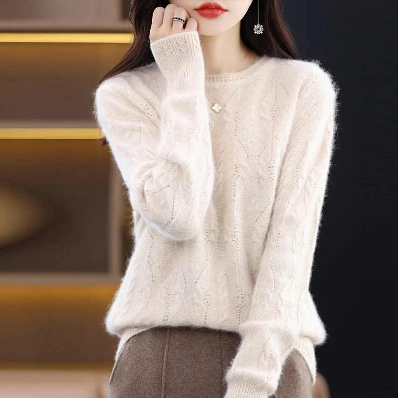 100% Mink Cashmere Sweater Women\'s O-neck Pullover Loose Knitted Underlay Autumn/Winter Long Sleeve Fashion Cashmere Top