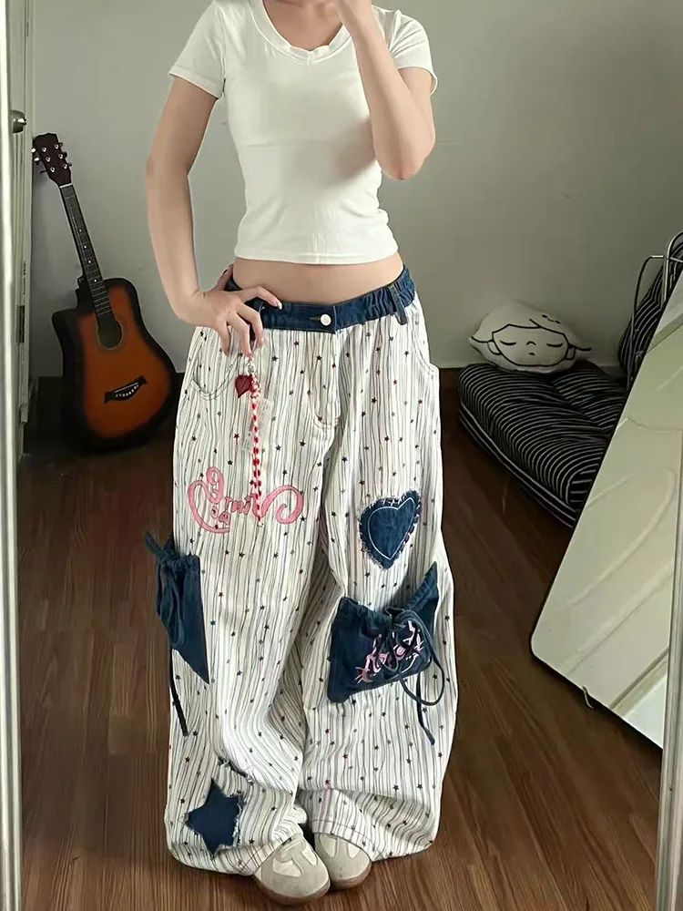 Vintage Embroidered Wide Leg Jeans Women American Loose Patchwork Hip Hop Denim Pants Y2K High Waist Streetwear Punk Trousers