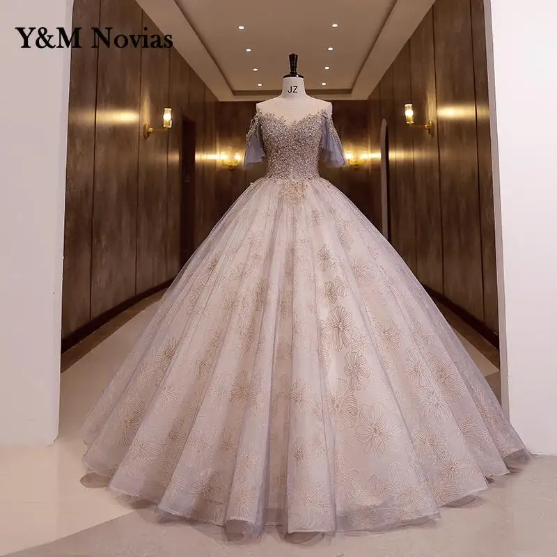 Y & M Novias قصيرة الأكمام الحلو 16 الذهب الزهور Quinceanera فستان Vestido دي 15 Anos دي Debutante 2022 جديد الكرة ثوب ثوب