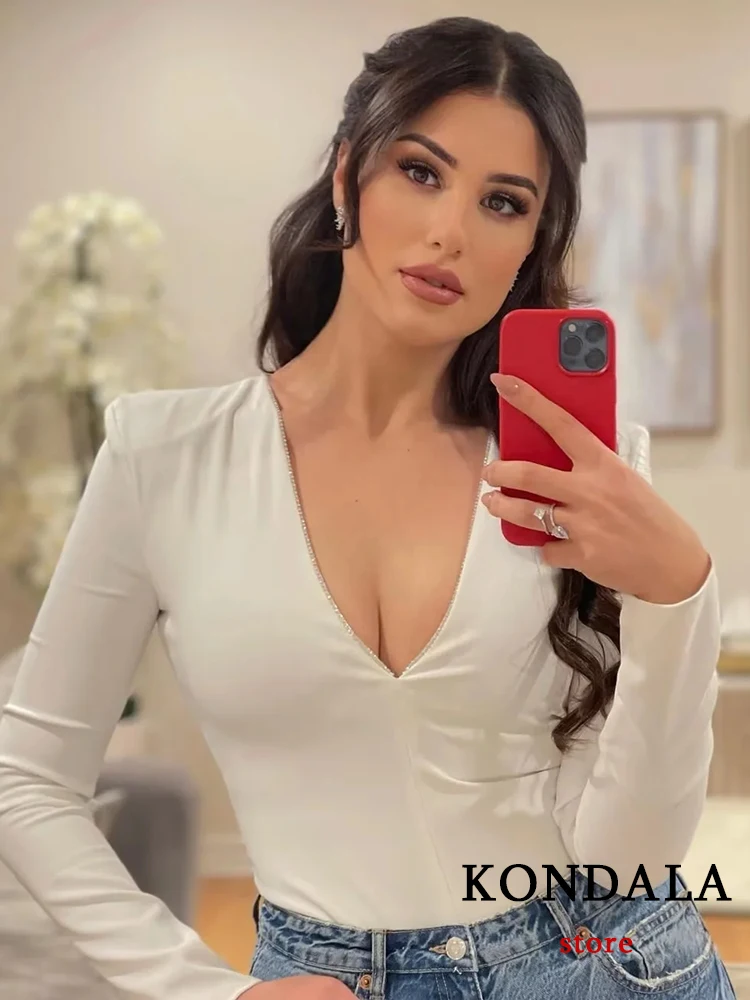 KONDALA Sexy White Diamonds Bodysuit Blouses Women Fashion 2022 Deep V Neck Long Sleeve Slim Tops Female Night Club Shirts