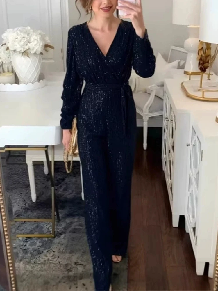 

Temperament High Waist Lace Up Commute Rompers Sequins V-neck Long Sleeve Jumpsuits Elegant Lady Solid Color Wide Leg Playsuits