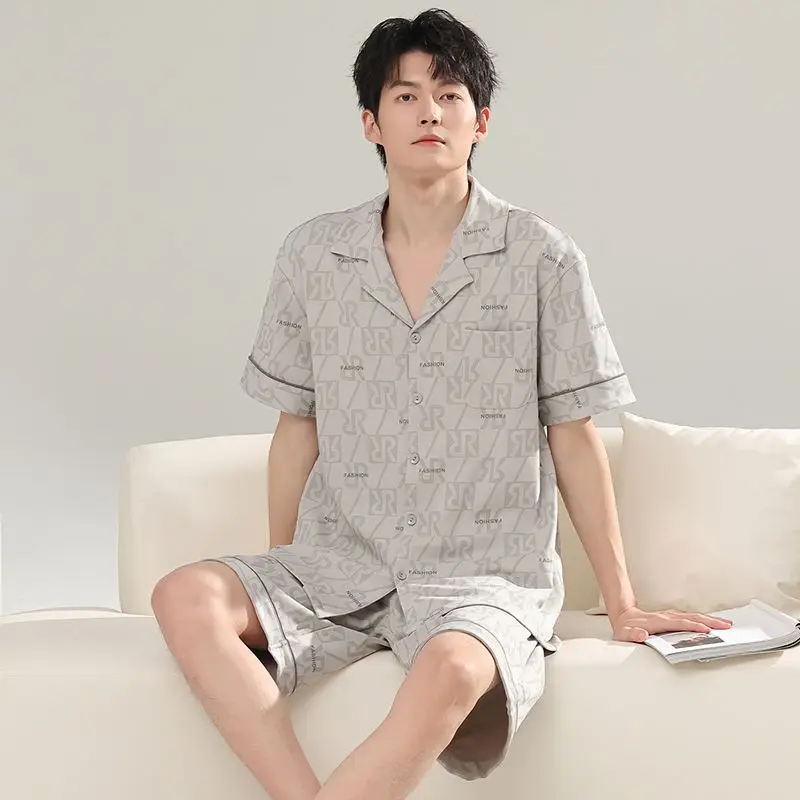 2026 Summer Short Sleeve 100% Cotton Print Pajama Sets for Men Korean Loose Cardigan Sleepwear Pyjama Homewear Male Home Clothes