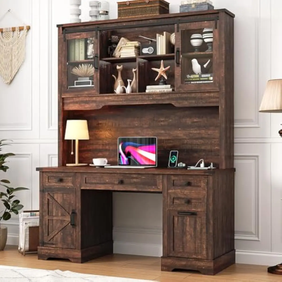 76 inch tall rustic executive desk with sliding hutch and integrated charging hub featuring USB-C outlet two AC sockets cable ma