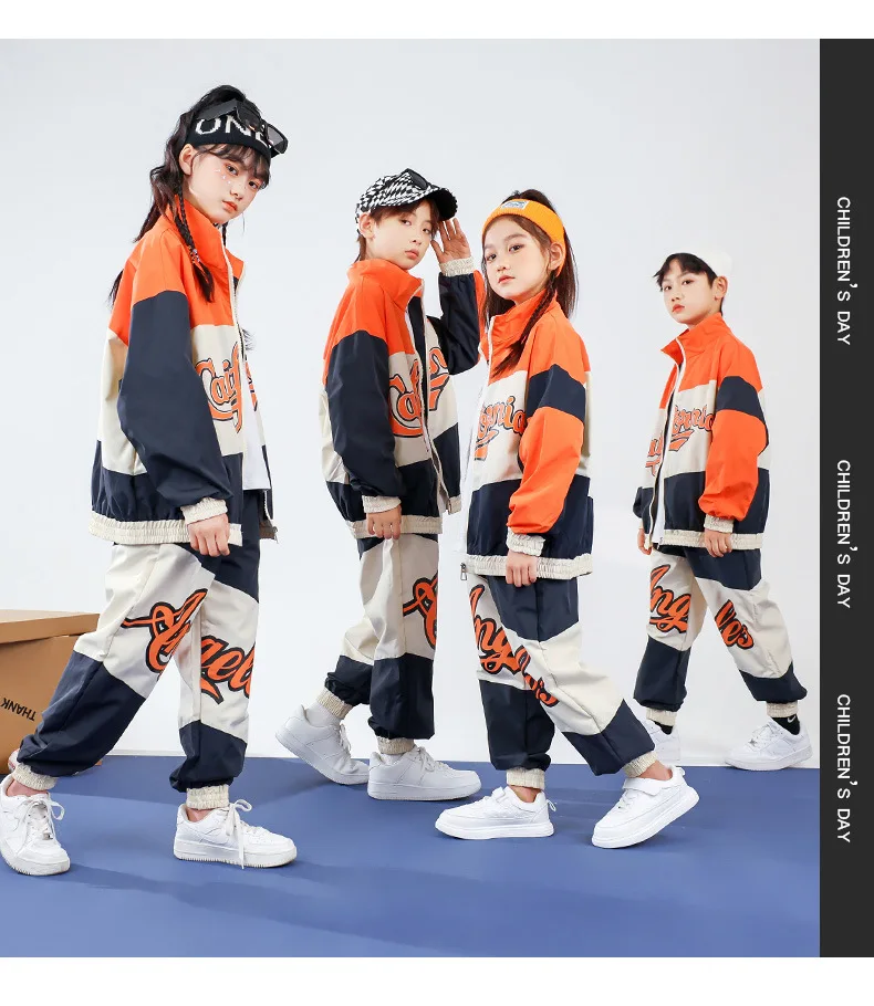 Jungen Hip Hop Baseball Jacke Street Dance Lose Hosen Mädchen Kontrast Mantel Jogger Kinder Jazz Sport Kleidung Sets Kind Streetwear – Detail 8