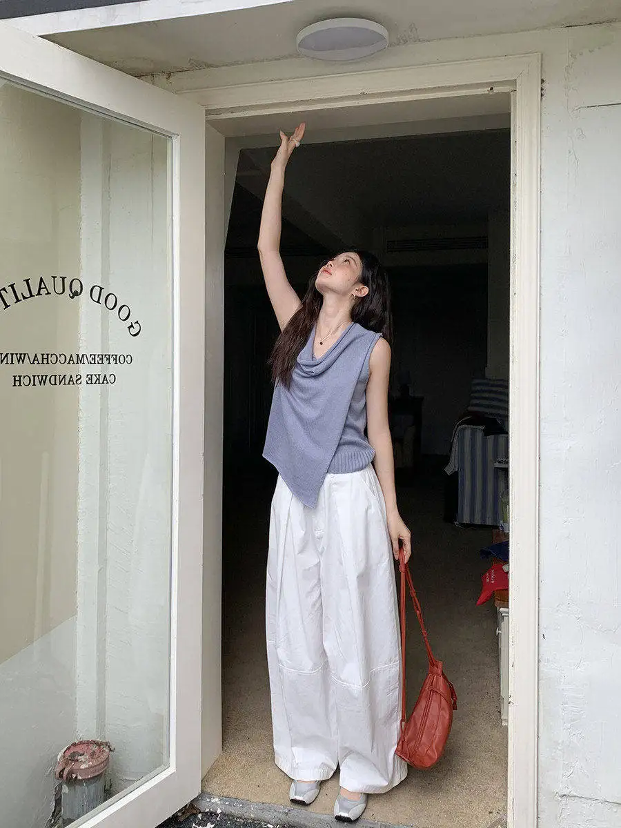 

Летние белые брюки LinYunYun 2025 с широкими штанинами, универсальные, с 3D-эффектом, маленький размер, высокая талия, длинные, хлопковые, повседневные