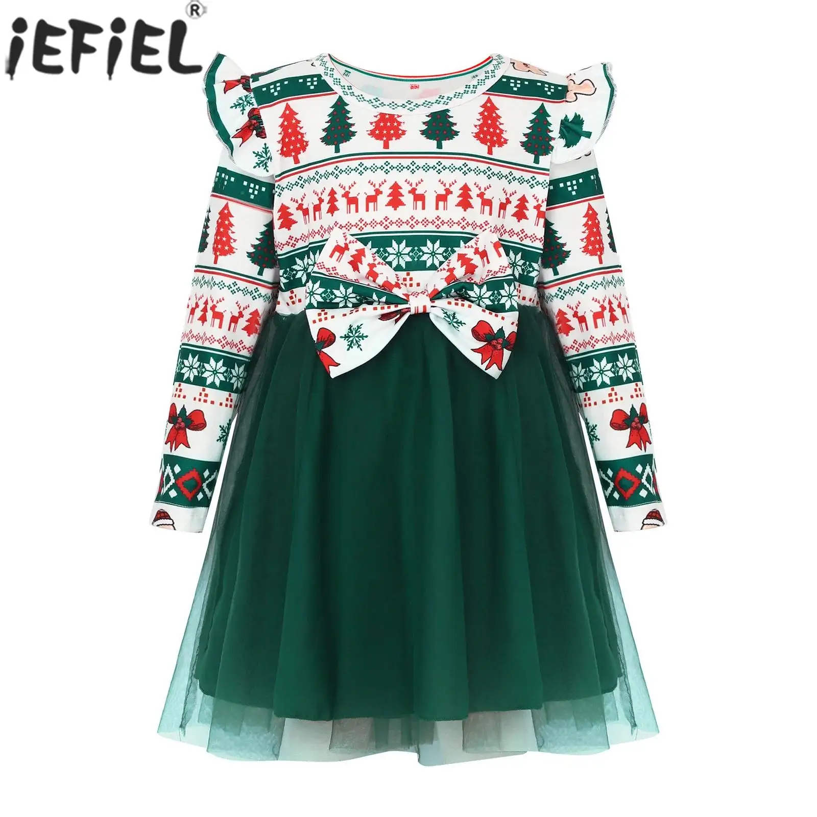 

Рождественский костюм для маленьких девочек, рождественский новогодний праздничный фестиваль, платье-пачка принцессы с длинными рукавами и милым узором, сетчатое бальное платье с бантом