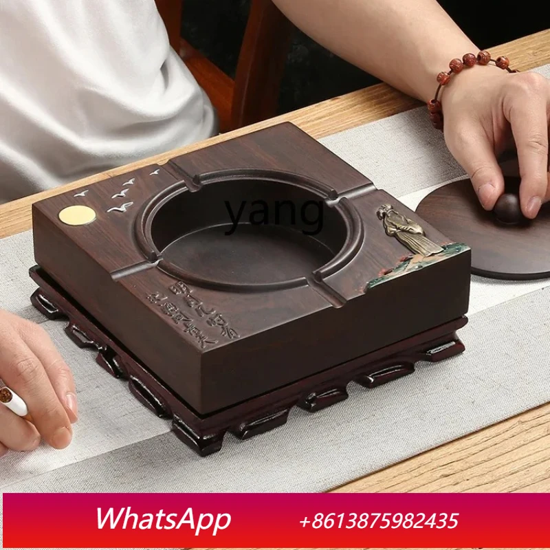 MM Solid Wood Ashtray with Lid Household Windproof Ashtray