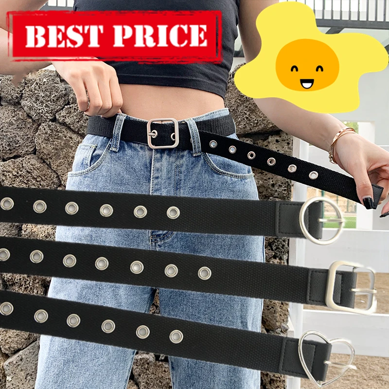 New Belt Women's Ins Wind Belt Men Versatile Decorative Canvas Jeans Cloth Perforated Black Women's Belt with Hipster Waistband