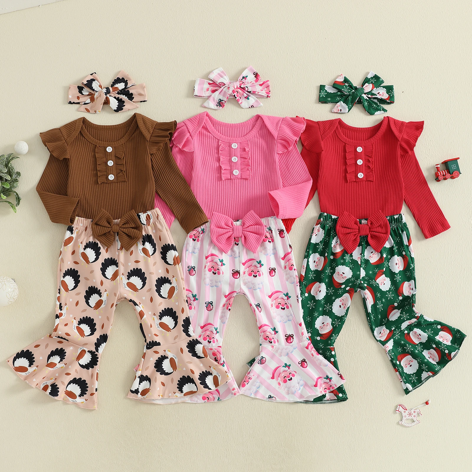

Baby Girl Christmas Outfit Ribbed Long Sleeve Romper Santa Flare Pants and Headband 3 Piece Set