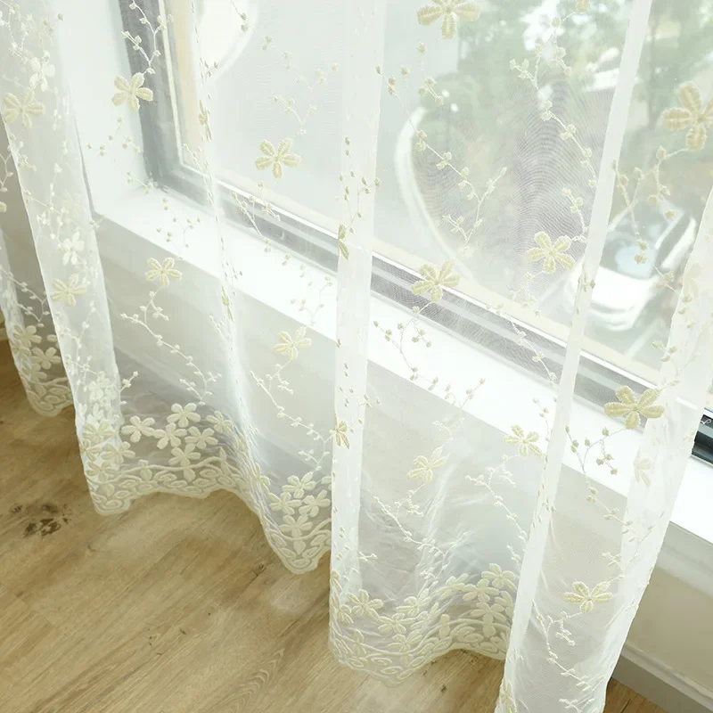 Embroidered Lace Curtains for Bedroom Sheer Elegant Organza Floral Delicate French Window Treatment Tenda wp058C