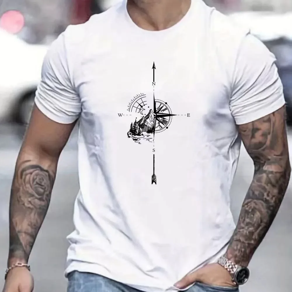 Men's Cotton Compass Printed T-Shirt with Compass Rose and Nautical Design  Summer and Spring Streetwear
