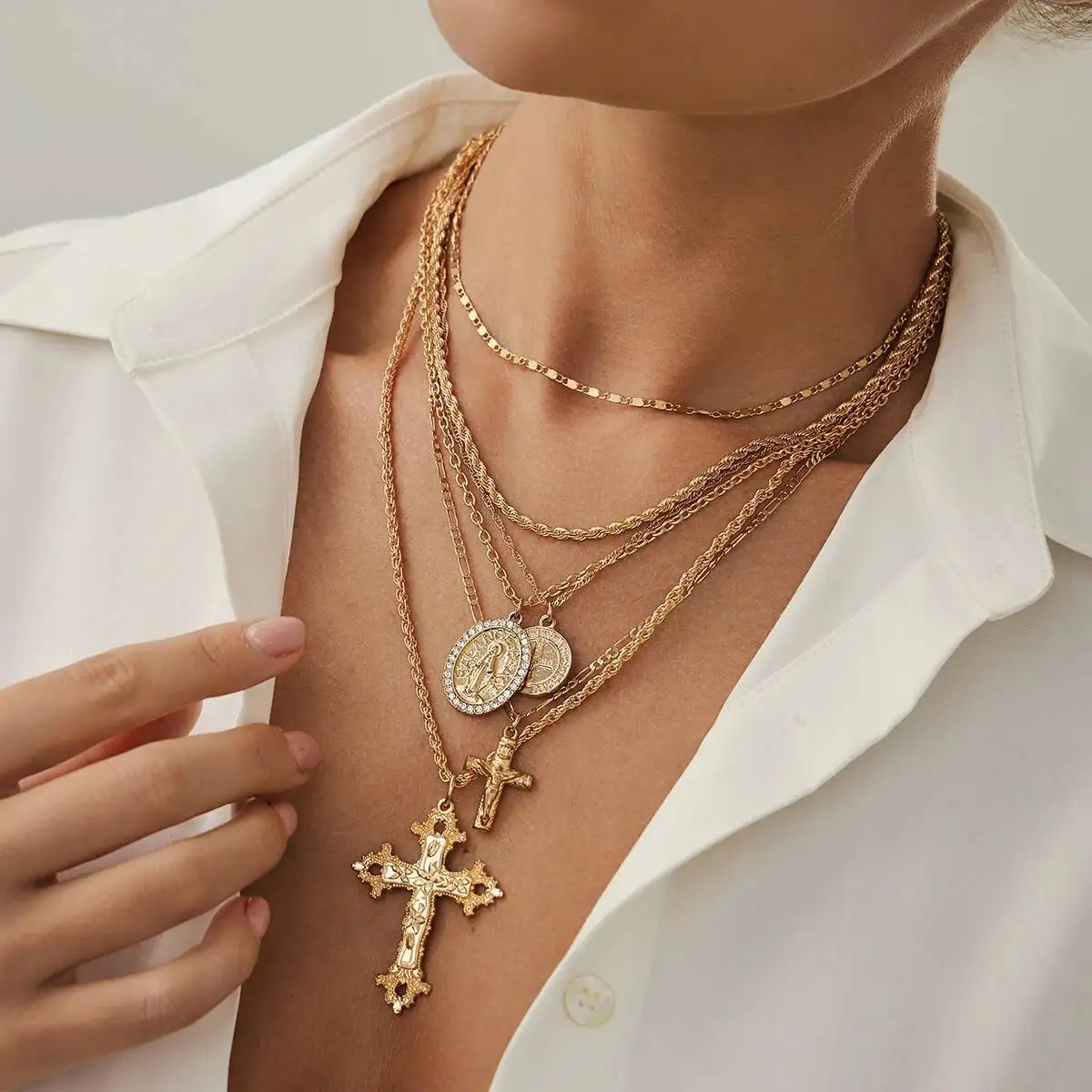 

KunJoe 6 Pcs/Set Hip Hop Jesus Cross Pendant Necklace for Women Goth Multilayer Stackable Choker Necklace 2025 Trendy Jewelry