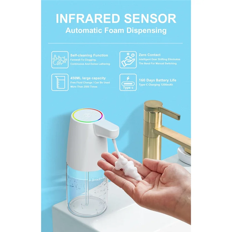 BAAN-450Ml dispensador de sabão automático sensor infravermelho tipo-c carregamento touchless inteligente dispensador de sabão líquido